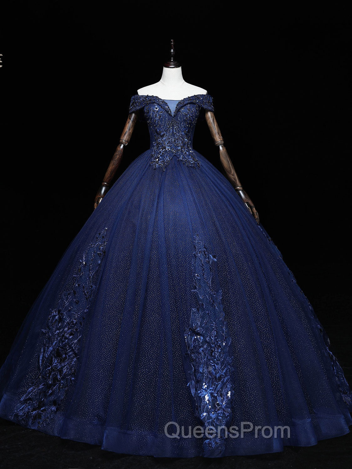 Dark Blue Off Shoulder Tulle Lace Long Evening Prom Gown, Blue Sweet 16 Dress With Beading Sequin Secondary image