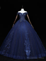 Dark Blue Off Shoulder Tulle Lace Long Prom Gown, Blue Sweet 16 Dress With Beading Sequin