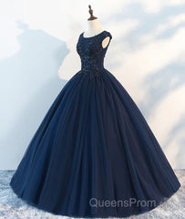 Dark blue round neck tulle lace long Evening Prom Dress, blue tulle lace evening Dress