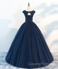 Dark blue round neck tulle lace long Evening Prom Dress, blue tulle lace evening Dress