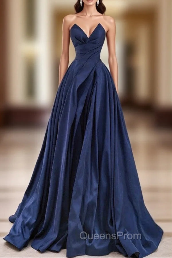 Dark Blue Satin Strapless Evening Prom Dress Main image