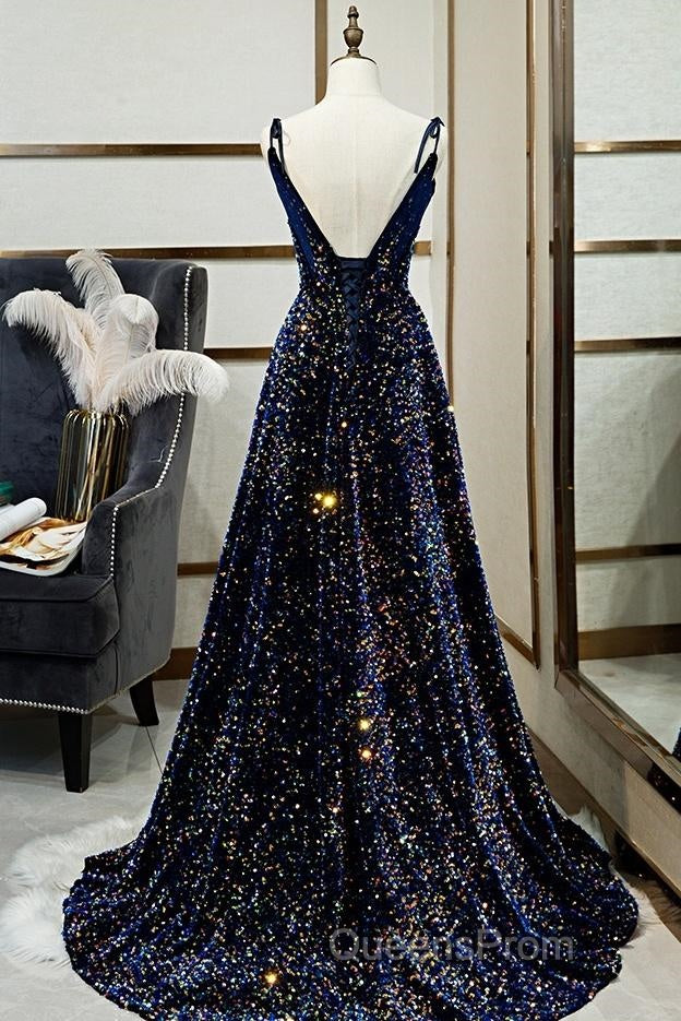 Dark Blue Sequin A Line Spaghetti Straps Bling Bling Evening Prom Dress Secondary image