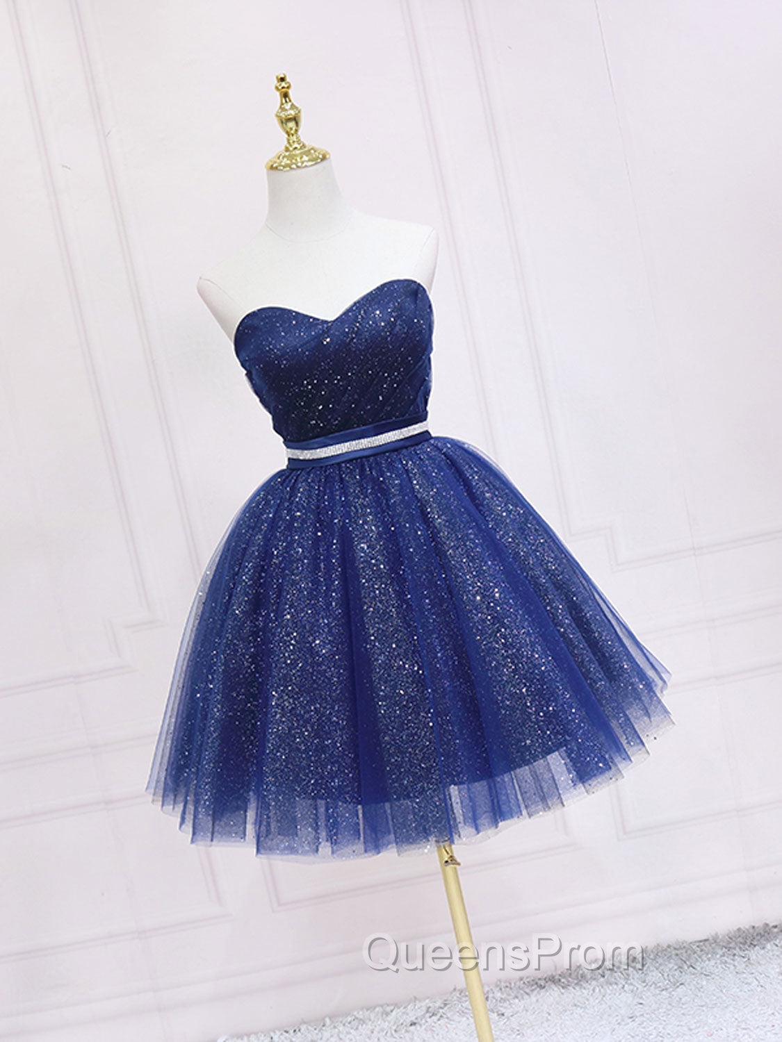 Dark Blue Sweetheart Neck Tulle Sequin Short Evening Prom Dress Blue Puffy Homecoming Dress Secondary image