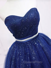 Dark Blue Sweetheart Neck Tulle Sequin Short Evening Prom Dress Blue Puffy Homecoming Dress