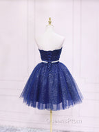 Dark Blue Sweetheart Neck Tulle Sequin Short Evening Prom Dress Blue Puffy Homecoming Dress