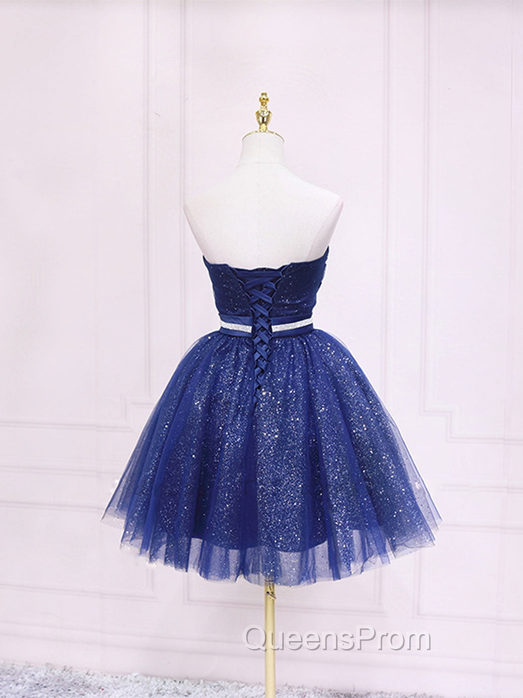 Dark Blue Sweetheart Neck Tulle Sequin Short Evening Prom Dress Blue Puffy Homecoming Dress