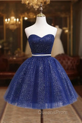 Dark Blue Sweetheart Neck Tulle Sequin Short Evening Prom Dress Blue Puffy Homecoming Dress