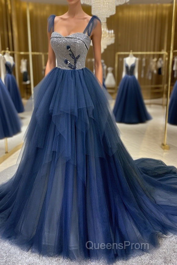 Dark blue tulle lace long Evening Prom Dress, blue tulle formal Dress Main image