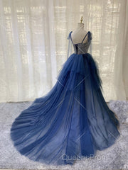 Dark blue tulle lace long Evening Prom Dress, blue tulle formal Dress