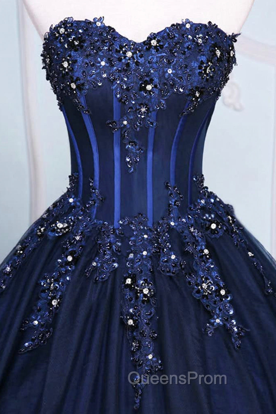 Dark Blue Tulle Lace Princess Dress, A-Line Strapless Long Evening Prom Dress Secondary image