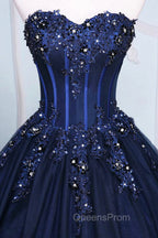Dark Blue Tulle Lace Princess Dress, A-Line Strapless Long Evening Prom Dress