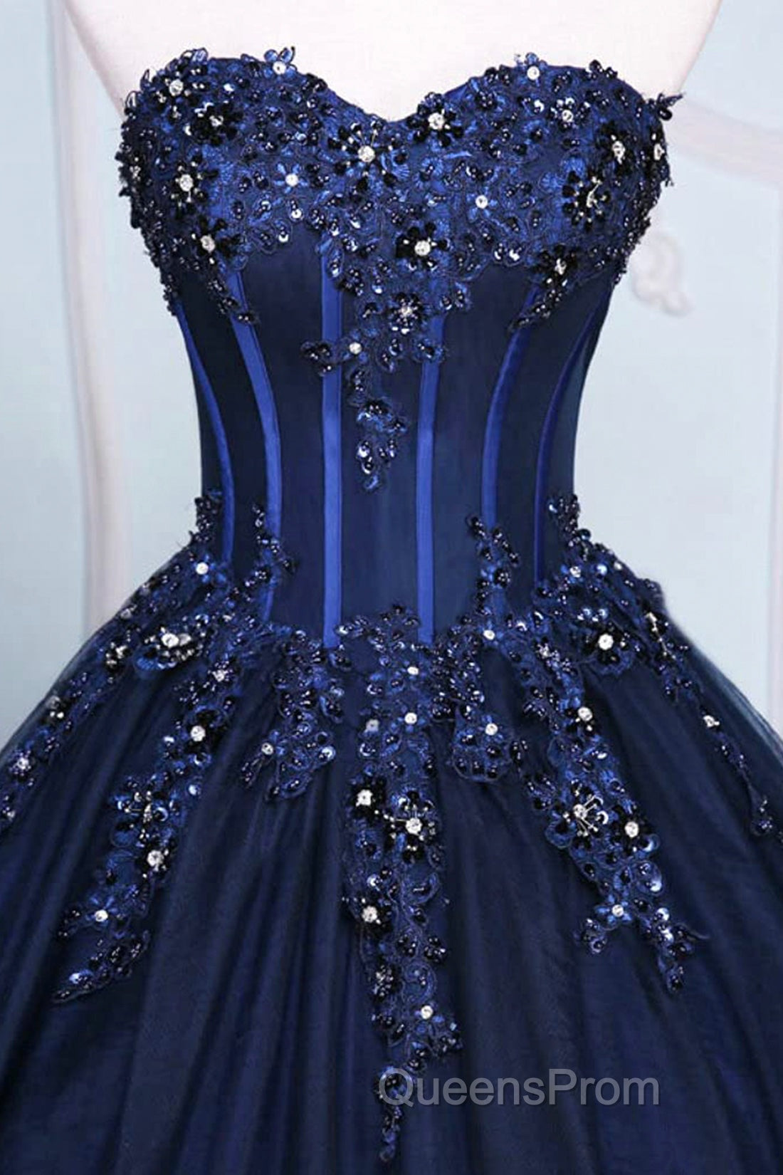 Dark Blue Tulle Lace Princess Dress, Beautiful A-Line Strapless Long Evening Prom Dress Secondary image