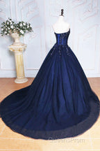 Dark Blue Tulle Lace Princess Dress, Beautiful A-Line Strapless Long Evening Prom Dress