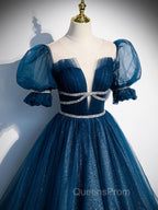 Dark Blue Tulle Long Evening Prom Dress, Blue Tulle Sweet 16 Dress