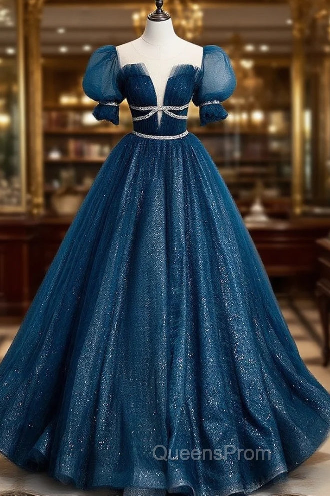 Dark Blue Tulle Long Evening Prom Dress, Blue Tulle Sweet 16 Dress Main image