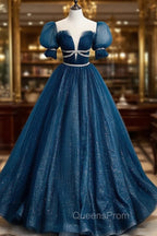Dark Blue Tulle Long Evening Prom Dress, Blue Tulle Sweet 16 Dress