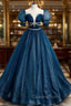 Dark Blue Tulle Long Evening Prom Dress, Blue Tulle Sweet 16 Dress