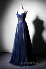 Dark Blue Tulle Long Evening Prom Dress, Dark Blue Evening Dress