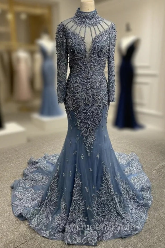 Dark Blue Tulle Mermaid Beading Evening Prom Dress Main image