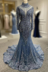 Dark Blue Tulle Mermaid Beading Evening Prom Dress