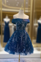Dark Blue Tulle Off Shoulder Knee Length Party Dress, Blue Homecoming Dress