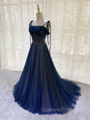 Dark Blue Tulle Sequin Long Evening Prom Dress, Blue Tulle Evening Dress
