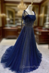 Dark Blue Tulle Sequin Long Evening Prom Dress, Blue Tulle Evening Dress