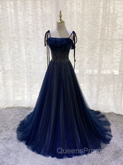 Dark Blue Tulle Sequin Long Evening Prom Dress, Blue Tulle Evening Dress