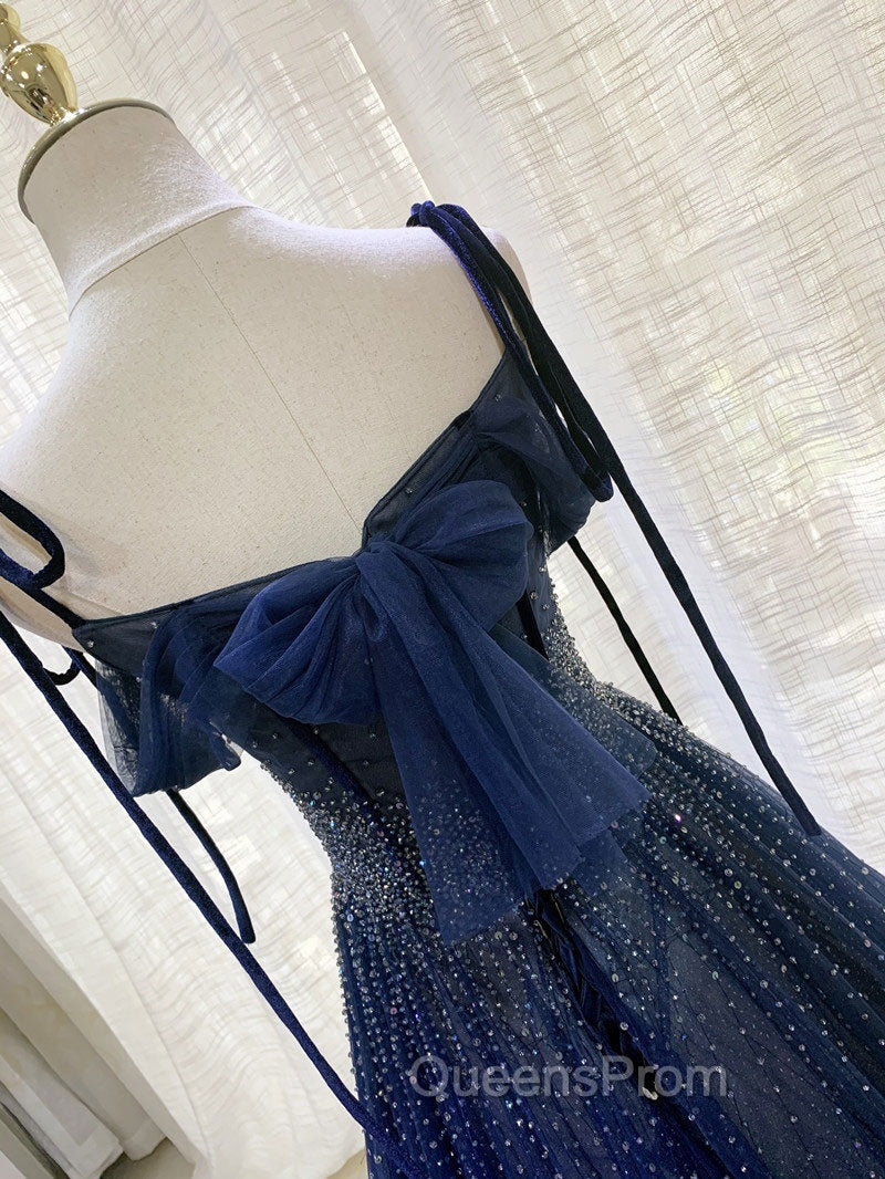 Dark Blue Tulle Sequin Long Evening Prom Dress, Blue Tulle Evening Dress