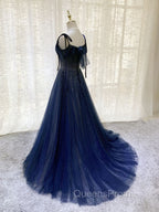Dark Blue Tulle Sequin Long Evening Prom Dress, Blue Tulle Evening Dress