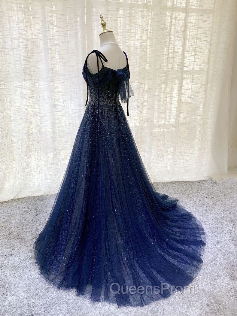 Dark Blue Tulle Sequin Long Evening Prom Dress, Blue Tulle Evening Dress