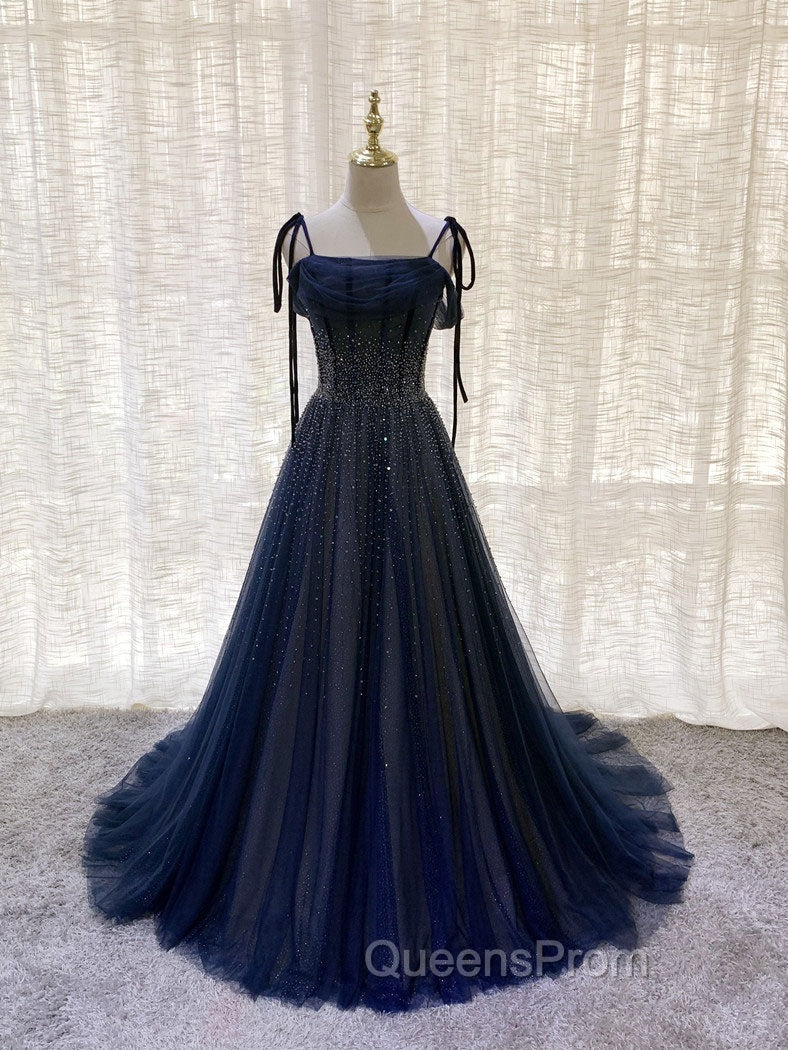 Dark Blue Tulle Sequin Long Evening Prom Dress, Blue Tulle Evening Dress Main image
