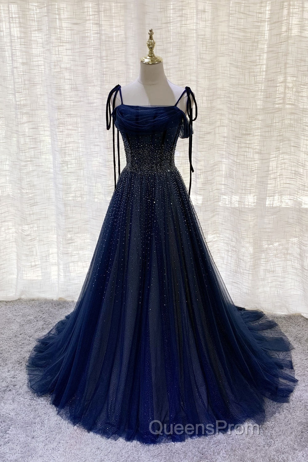 Dark Blue Tulle Sequin Long Evening Prom Dress, Dark Blue Evening Dress Secondary image