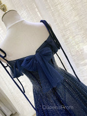 Dark Blue Tulle Sequin Long Evening Prom Dress, Dark Blue Evening Dress