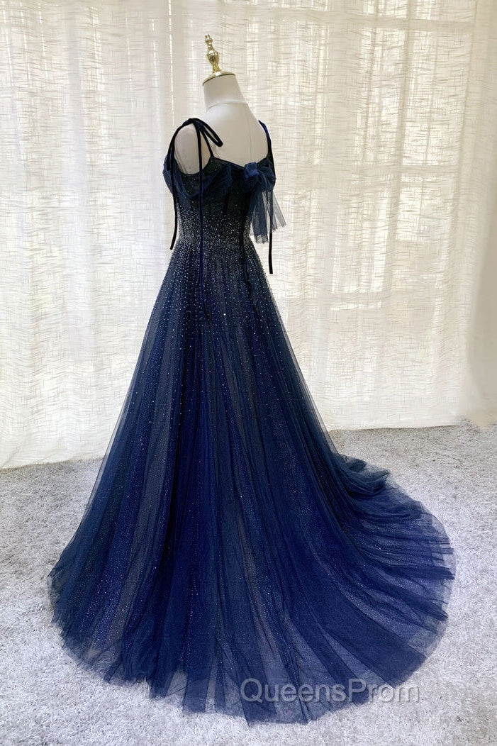 Dark Blue Tulle Sequin Long Evening Prom Dress, Dark Blue Evening Dress