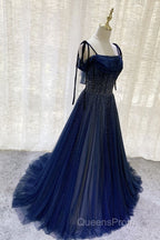 Dark Blue Tulle Sequin Long Evening Prom Dress, Dark Blue Evening Dress