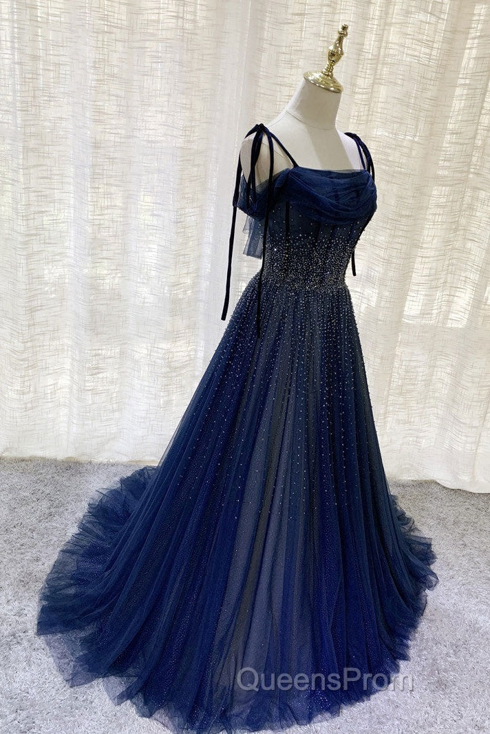 Dark Blue Tulle Sequin Long Evening Prom Dress, Dark Blue Evening Dress