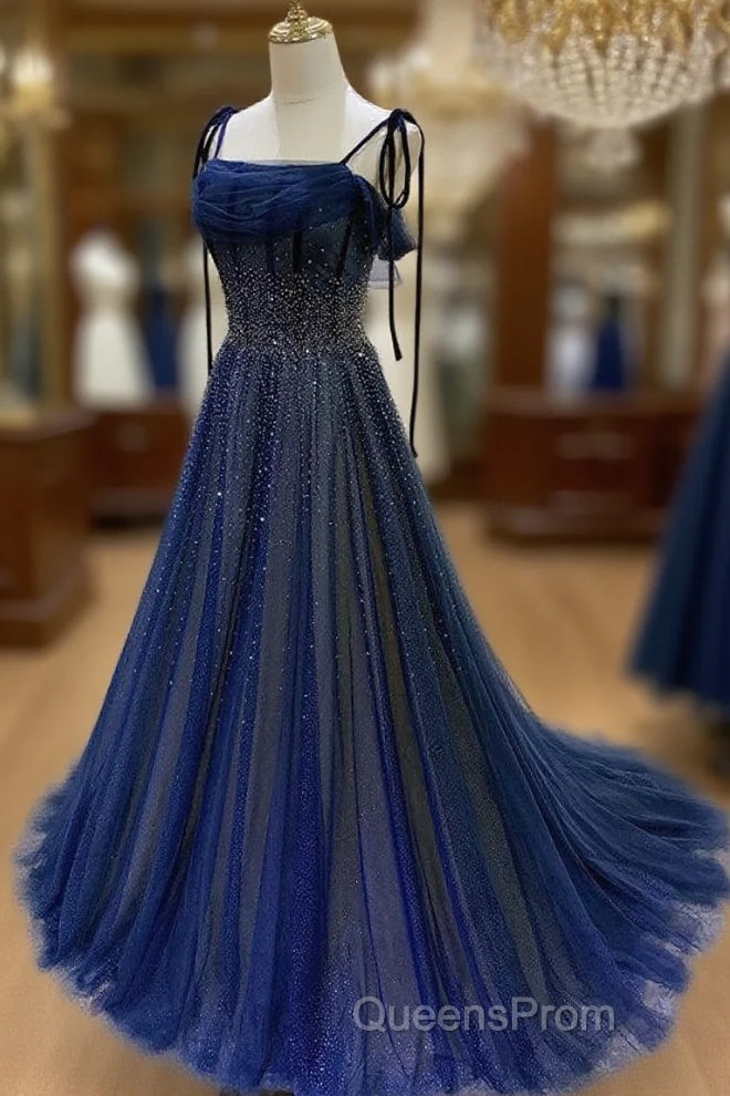 Dark Blue Tulle Sequin Long Evening Prom Dress, Dark Blue Evening Dress Main image