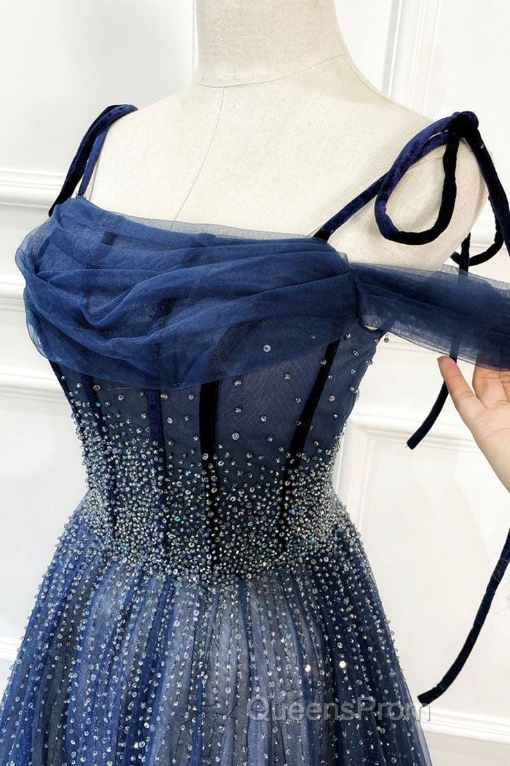 Dark Blue Tulle Sequin Long Evening Prom Dress A Line Birthday Party Dress