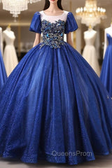 Dark Blue Tulle Sequins Puff Sleeve Appliques Quinceanera Dress