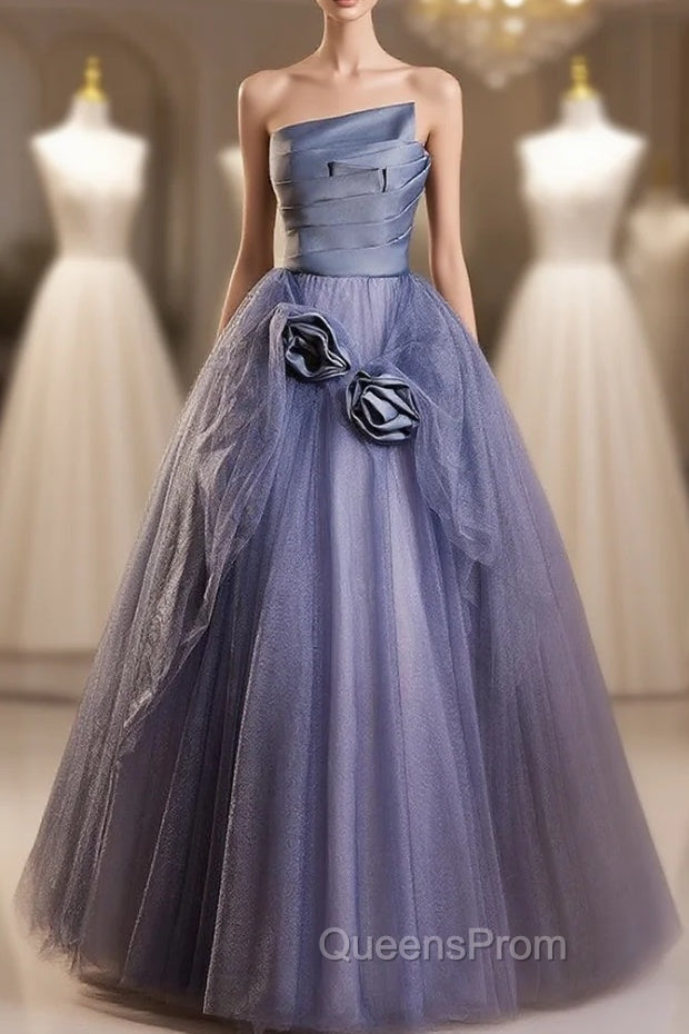 Dark Blue Tulle Strapless Pleats Flower Evening Prom Dress Main image