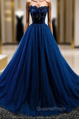 Dark Blue Tulle Velvet Beading Strapless Evening Prom Dress
