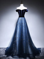 Dark Blue Tulle Velvet Long Classy Prom Dress, Blue Classy Evening Dress