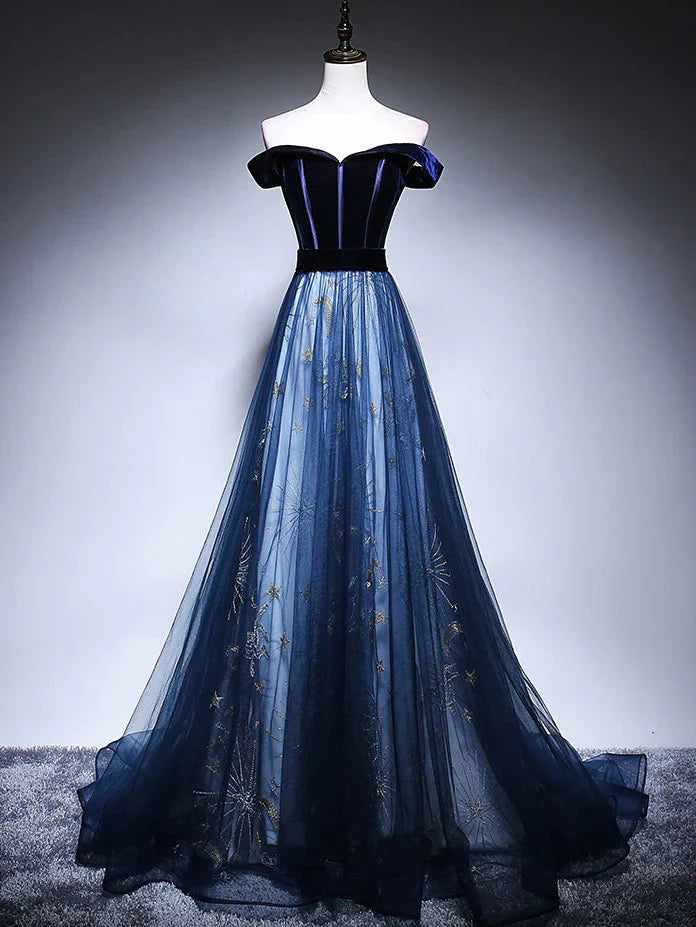 Dark Blue Tulle Velvet Long Classy Prom Dress, Blue Classy Evening Dress