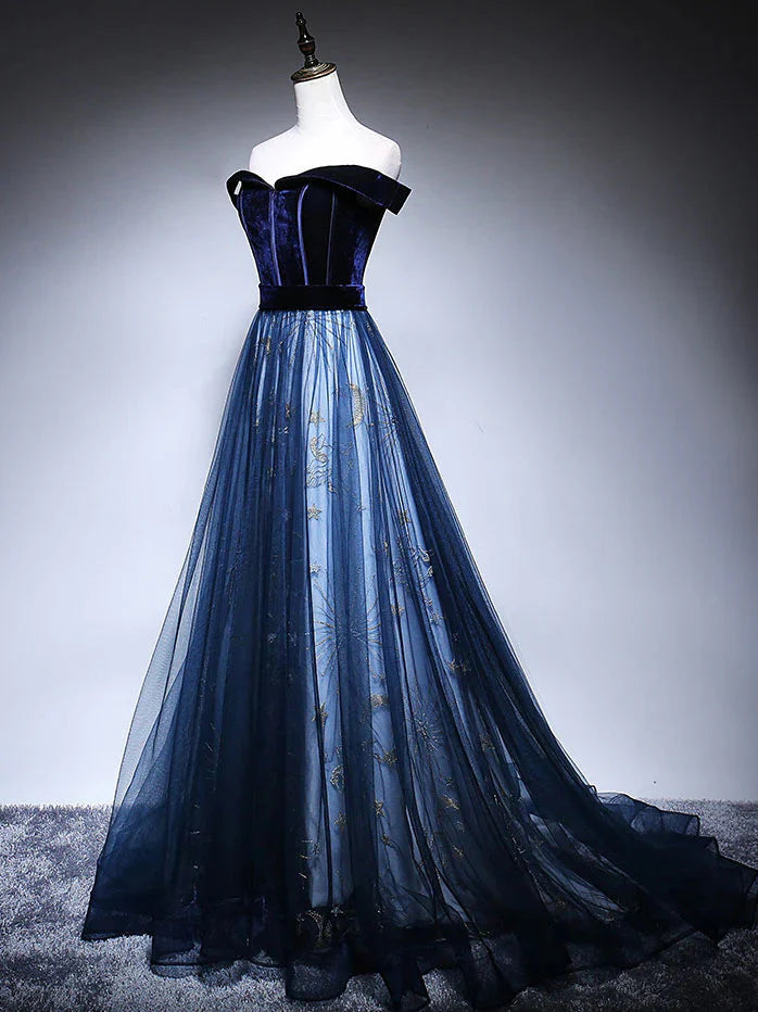 Dark Blue Tulle Velvet Long Classy Prom Dress, Blue Classy Evening Dress Secondary image