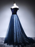 Dark Blue Tulle Velvet Long Classy Prom Dress, Blue Classy Evening Dress