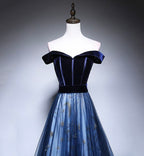 Dark Blue Tulle Velvet Long Classy Prom Dress, Blue Classy Evening Dress