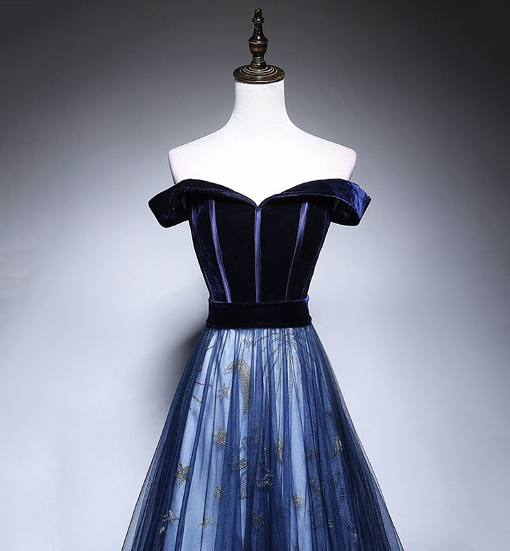 Dark Blue Tulle Velvet Long Classy Prom Dress, Blue Classy Evening Dress