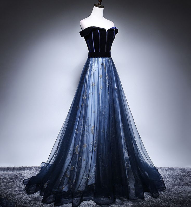 Dark Blue Tulle Velvet Long Classy Prom Dress, Blue Classy Evening Dress