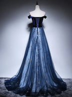 Dark Blue Tulle Velvet Long Classy Prom Dress, Blue Classy Evening Dress